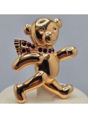 Teddy Bear Brooch Gold Tone Red Gemstone Scarf Pin